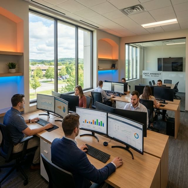 Hybrid Tech Solutions office at 8770 Transit Rd, East Amherst NY — SEO team workspace with analytics dashboards